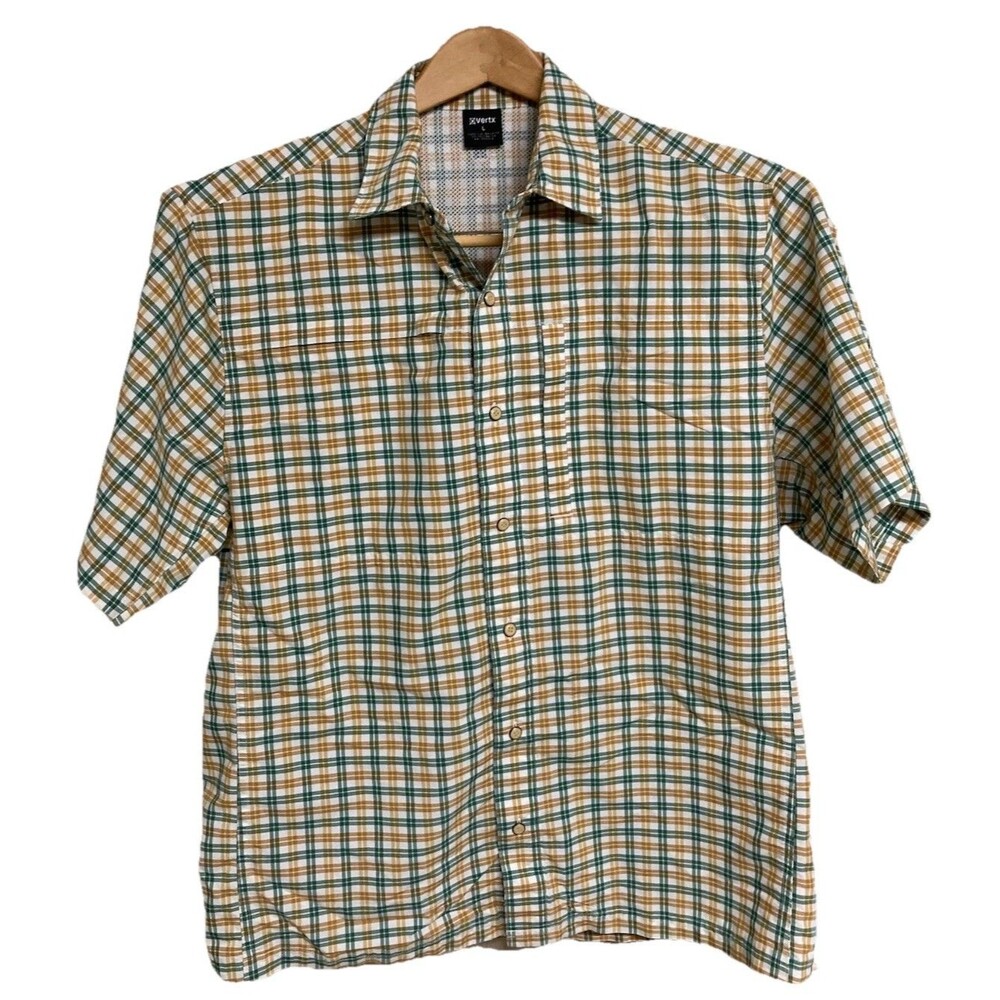 Men's Vertx Tactical Shirt Vented Button Snaps Cocona Gold Green Plaid Size L